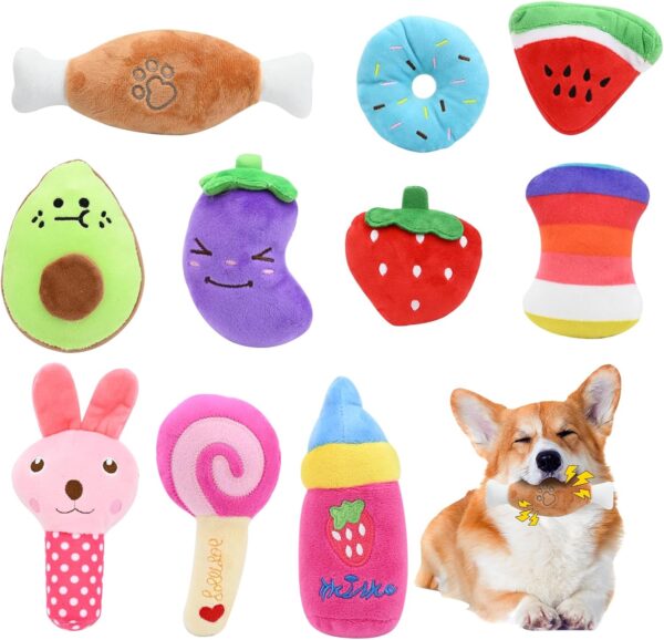 10 Pack Puppy Toys,Dog Squeaky Toys,Small Dog Interactive Teething Plush Soft Chew Toy,Fruit Vegetable Animals Interacting Pet Teddy Toy, Dog Companion Puppy Accessories for Puppies Small Medium Dogs