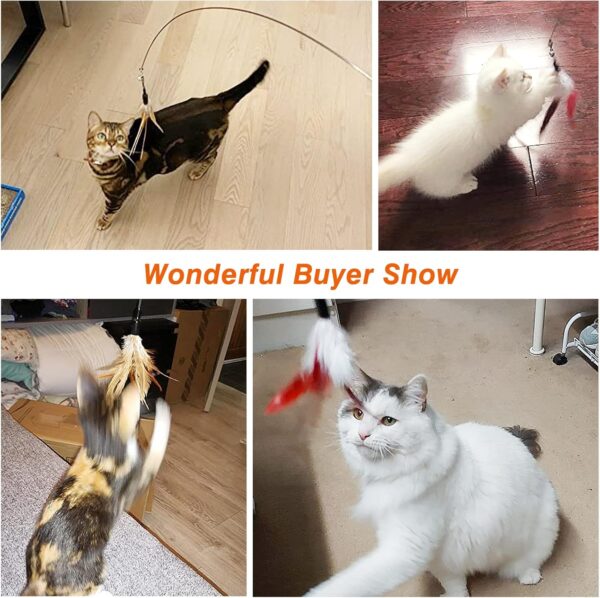 Pawaboo Feather Teaser Cat Toy, Interactive Feather Wand Cat Toy Flying Feather Cat Catcher with Extra Long 34.5" Wand and Small Bell, Fun Exerciser Playing Toy for kitten or cat, Brown Feather - Image 6