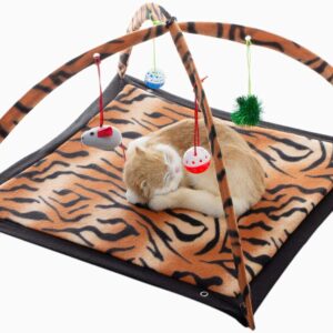 Tofern Multi-Function Pet Kitten Cat Interactive Activity Soft Fleece Folding Toy Mat Bed Hammock Tent With Hanging Mouse Bell Balls, brown