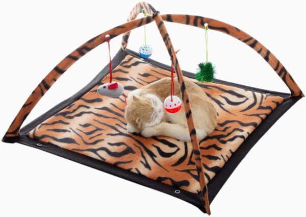 Tofern Multi-Function Pet Kitten Cat Interactive Activity Soft Fleece Folding Toy Mat Bed Hammock Tent With Hanging Mouse Bell Balls, brown