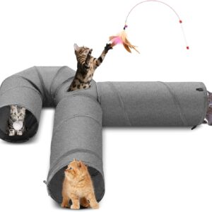 Ownpets Cat Tunnel, 3 Way Cat Tunnel, Cat Tunnel Fabric with Ball and Cat Teaser, Expandable and Foldable Cat Tunnel, Play Tunnel for Cat, Puppy, Rabbit, Grey