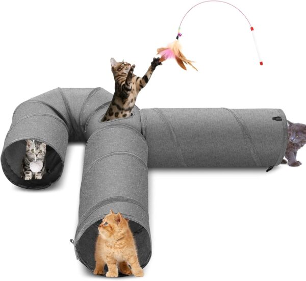 Ownpets Cat Tunnel, 3 Way Cat Tunnel, Cat Tunnel Fabric with Ball and Cat Teaser, Expandable and Foldable Cat Tunnel, Play Tunnel for Cat, Puppy, Rabbit, Grey