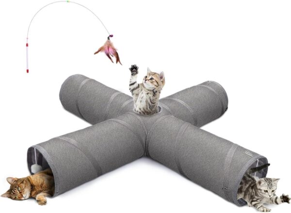 Ownpets Cat Tunnel, Cross 4 Way Pet Tunnel with Sturdy Oxford Fabric, Foldable and Resistant to Tearing, Featuring Multiple Exits, Hanging Ball and Teaser Wand,Grey