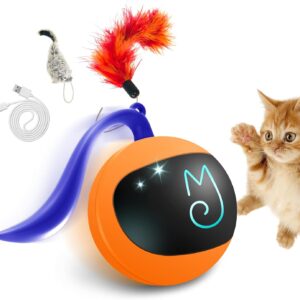 Migipaws Cat Toy, Automatic Moving Ball Bundle Classic Mice + Feather Kitten Toys in Pack. DIY N in 1 Pets Smart Electric Teaser, USB Rechargeable (Orange)