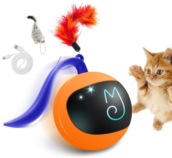Migipaws Cat Toy, Automatic Moving Ball Bundle Classic Mice + Feather Kitten Toys in Pack. DIY N in 1 Pets Smart Electric Teaser, USB Rechargeable (Orange)