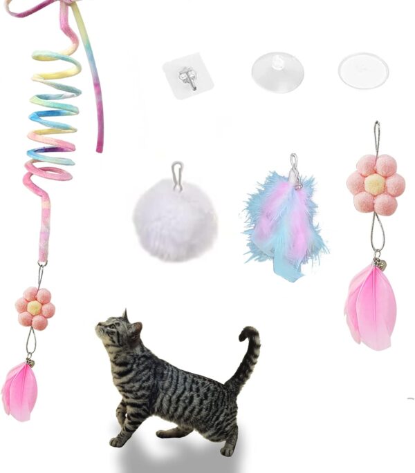 EASY JOY Interactive Cat Toys for Indoor Cats, Wiggly ball Cat Toys, Door Hanging Dangly Cat Feather Toys with Bells for Kittens to Exercise Eliminating Boredom, Bouncing cat toy（7Pcs）