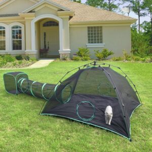 Pawtenda 3-in-1 Outdoor Cat Enclosures, Portable Catio Green Cat Tents for Outside, Cat Tents with 1 Dome Tent,1 Straight Tunnel and 1 Cube, Outdoor Cat Playpen for Cats, Rabbits and Other Animals