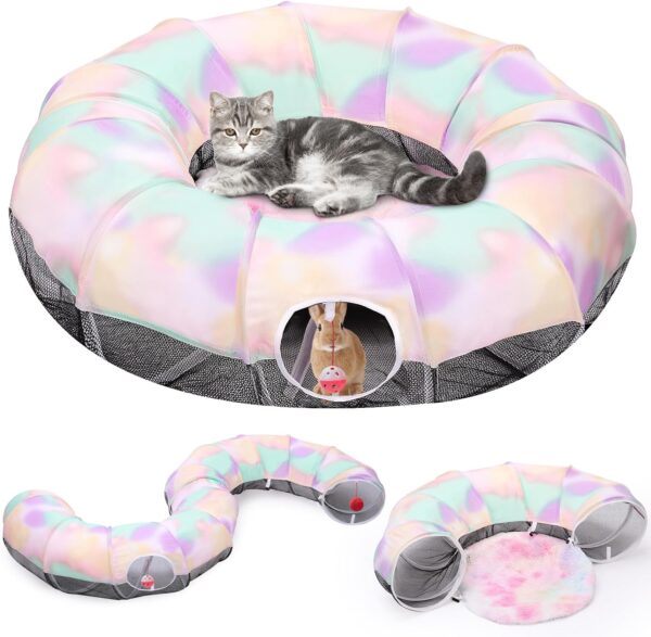 Pawaboo Cat Tunnel with Cat Bed for Indoor Cats, Cat Tube Collapsible Playground Toys, Interactive Cat Cave Hideout Foldable Indoor Toys for Small Medium Large Cat, Puppy, Rabbit, Ferret