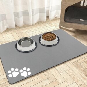 Mavicen Pet Feeding Mat, 43 * 75cm Absorbent Dog Water Bowl Mat, Personalised Dog Food Mats for Floors, Non Slip Feeding Bowl Matt, Pet-friendly Placemat for Dogs Cats, Light Grey (Paw Pattern)