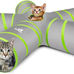 Pawaboo Cat Toys, Cat Tunnel Tube 5 Way Tunnels 25x53cm Extensible Collapsible Cat Play Tent Interactive Toy Maze Cat House with Balls and Bells for Cat Kitten Kitty Rabbit Small Animal, Grey+Green