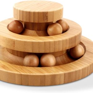 Gelrova Cat Toy Roller Exerciser Fun Cat Toy Indoor Pet Interactive Toy Bamboo Cat Ball Toy with Double Layer Rail, Teaser Cat Ball Toy for Kitten Puppy etc，2-layer track(Bamboo)