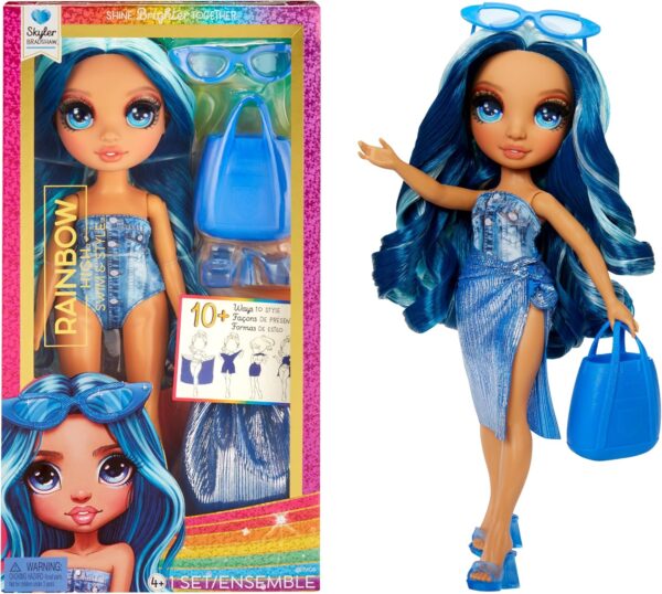 Rainbow High Swim & Style - Skyler (Blue) - 28 cm Doll with Shimmery Wrap to Style 10+ Ways - Removable Swimsuit, Sandals, Fun Play Accessories - Kids Toy - Great for Ages 4-12 Years