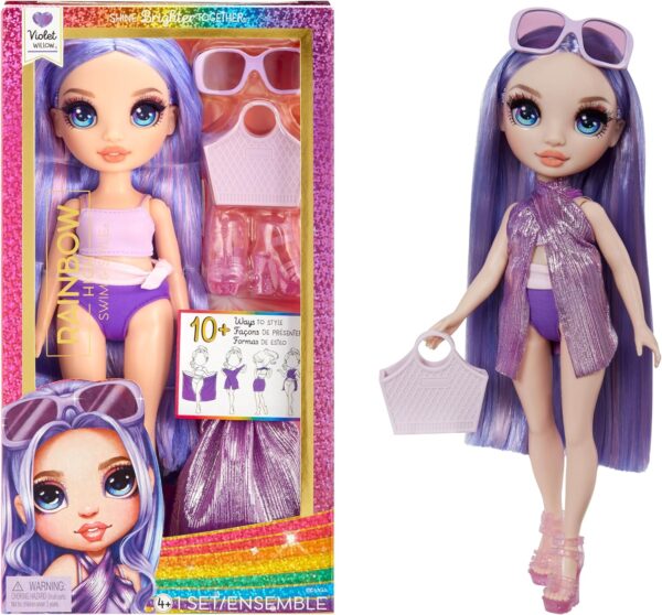 Rainbow High Swim & Style - Violet (Purple) - 28 cm Doll with Shimmery Wrap to Style 10+ Ways - Removable Swimsuit, Sandals, Fun Play Accessories - Kids Toy - Great for Ages 4-12 Years