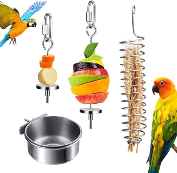 Bird Food Holder Parrot Foraging for Cage Hanging Stainless Steel Food Bowl Treat Skewer Food Basket for Conures - Image 2