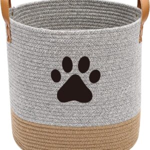 Cotton rope dog toy basket, puppy toy basket, puppy bins, laundry basket blanket storage bin - Perfect for organizing pet toys, blankets, leashes - Gray Beige