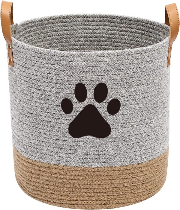 Cotton rope dog toy basket, puppy toy basket, puppy bins, laundry basket blanket storage bin - Perfect for organizing pet toys, blankets, leashes - Gray Beige