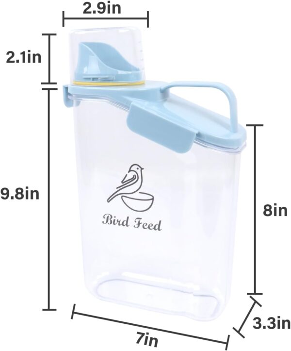 Ctomche Pet Food Storage Container,Bird Food Storage Container with Measuring Cup and Pour Spout,Airtight Bird Seed Storage BPA Free Plastic Transparent Leakproof Seed Storage Container,2.8L,Blue - Image 7