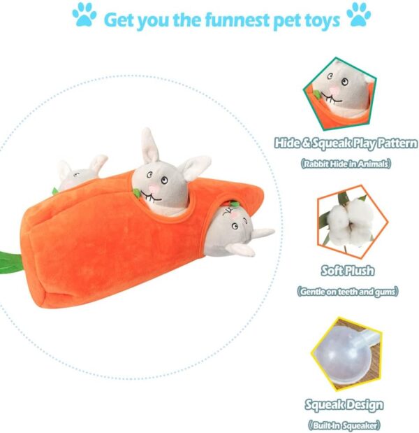 IFOYO Plush Squeak Dog Toys, Durable Interactive Hide and Seek Puzzle Dog Toys for Medium Small Dogs, Pets, Easter Dog Toy, Turnip Rabbit - Image 2
