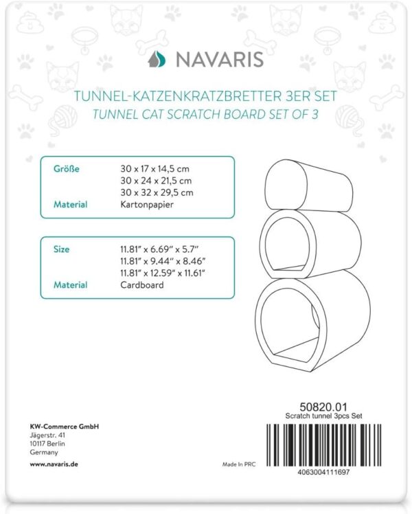 Navaris Cat Tunnel Scratcher Set (3-Pieces) - Corrugated Cardboard Paper Scratching Board Tubes and Roll Toy for Cats - Scratch, Lounge, Hide and Play - Image 7