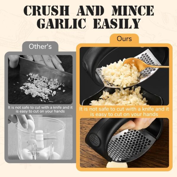 Garlic Press Rocker Stainless Steel Garlic Rocker, Stainless Steel Garlic Press, Cooking Device Garlic Cutter Rocker, Garlic Mill Kitchen Aid with Silicone Garlic Peeler (Grey) - Image 3