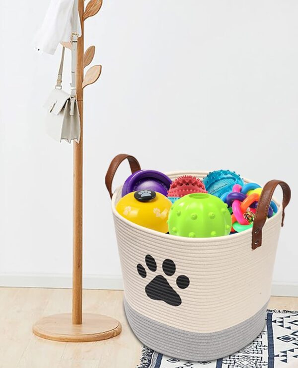 Cotton rope dog toy basket, puppy toy basket, puppy bins, laundry basket blanket storage bin - Perfect for organizing pet toys, blankets, leashes - Beige Gray - Image 7