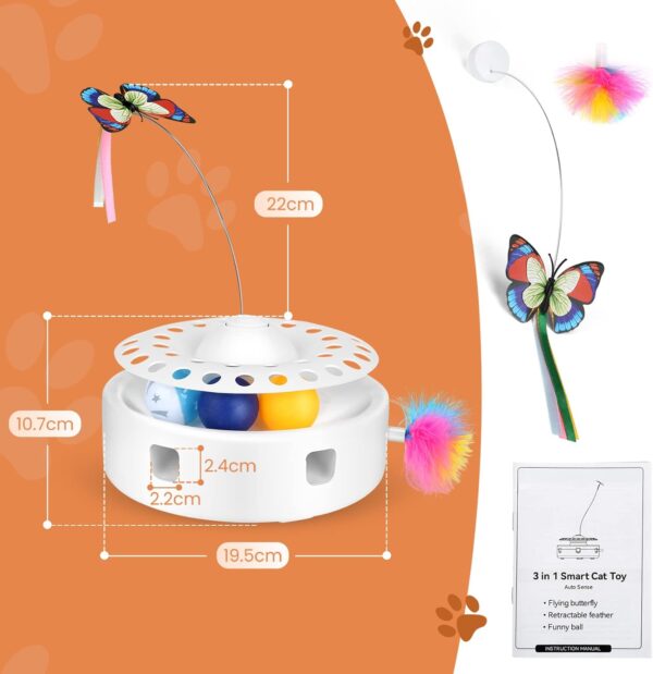 PETTOM 3 in 1 Interactive Cat Toy for Indoor Automatic Cat Teaser Toy, Electronic Auto Random Ambush Feather &Rotating Floating Butterfly& 3 Ball Exercise with Cat Toys(White) - Image 3