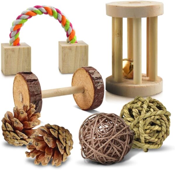 ERKOON Hamster Chew Toys 12 Pack Gerbil Rat Guinea Pig Chinchilla Toys Accessories, Natural Wooden Dumbbells Exercise Bell Roller Teeth Care Molar Toy for Hamster Rabbits Parrot Syrian - Image 3