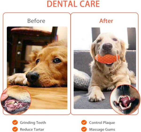 AUSCAT 2Pcs Chew Squeaky Toy Balls, Indestructible Dog Ball for Small Dogs, Rugby Shape Rubber Chew Ball with Squeaker, Interactive Dog Ball for Outdoor Play, Green and Orange - Image 5