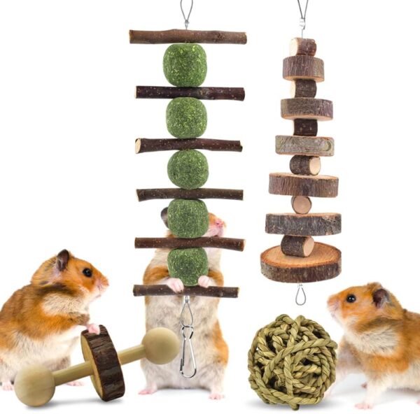 ERKOON Hamster Chew Toys 12 Pack Gerbil Rat Guinea Pig Chinchilla Toys Accessories, Natural Wooden Dumbbells Exercise Bell Roller Teeth Care Molar Toy for Hamster Rabbits Parrot Syrian - Image 4