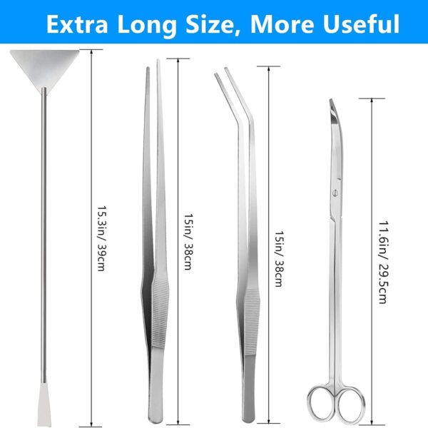38cm Extra Long Aquarium Aquascape Kits, 4 in 1 Anti-Rust Aquatic Plant Aquascaping Tool Stainless Steel Tweezers Scissors Spatula for Aquarium Tank Clean Fish Tank Aquascape Tools Sets (Silver) - Image 2