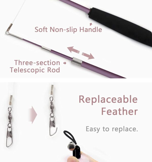 SONGWAY Cat Feather Stick Toy - 7 PCS Cat Feather Toys, 1 Cat Teaser Wand with 6 Feather Refills with Bell, Interactive Cat Toy Wand for Indoor Cat and Kitten, Pink - Image 4