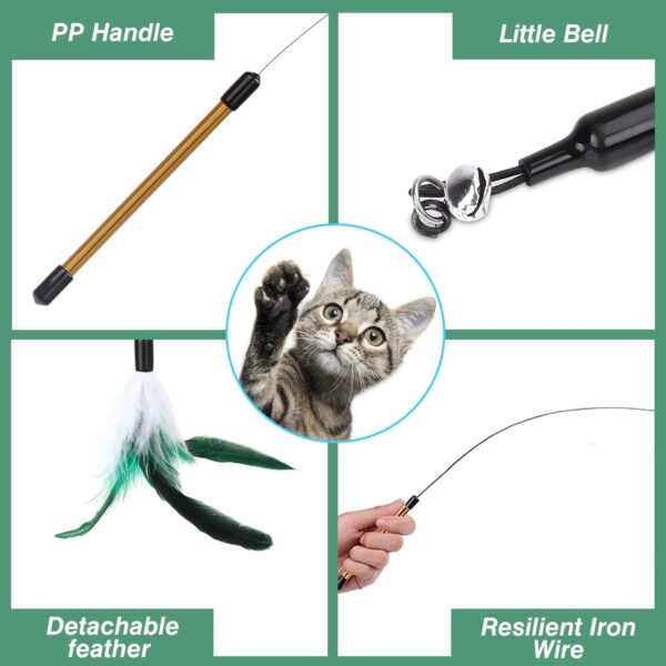 Pawaboo Feather Teaser Cat Toy, Interactive Feather Wand Cat Toy Flying Feather Cat Catcher with Extra Long 34.5" Wand and Small Bell, Fun Exerciser Playing Toy for kitten or cat, White & Green - Image 4