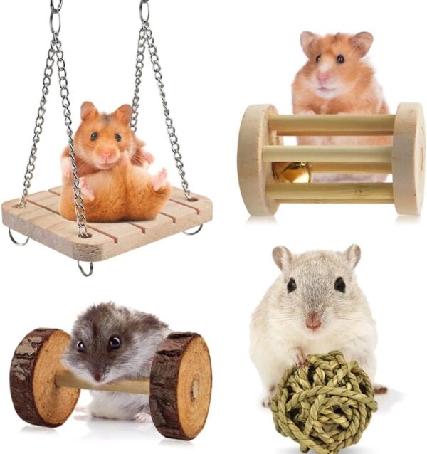 ERKOON Hamster Chew Toys 12 Pack Gerbil Rat Guinea Pig Chinchilla Toys Accessories, Natural Wooden Dumbbells Exercise Bell Roller Teeth Care Molar Toy for Hamster Rabbits Parrot Syrian - Image 7