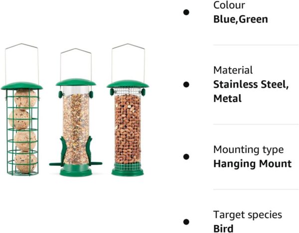 SA Products 3-Pack Metal Bird Feeder - Squirrel-Proof Hanging Bird Feeder Station for Garden, Backyard, Lawn - Set of Tube, Dense Mesh, Coarse Mesh Wild Bird Feeders for Nuts, Seeds, Fat Balls - Green - Image 10