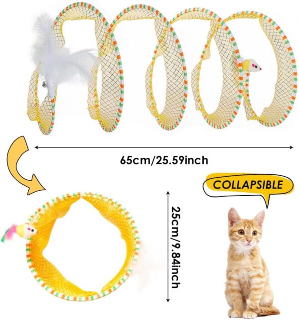 Folded Cat Tunnels for Indoor Cats, Upgrade Large Collapsible Cat Tube Tunnel with Feather Mouse Toys, Cat Tent Play Tunnel with Interactive Toy for Kitten and Cats, Exercise Cat Springs (Yellow) - Image 4