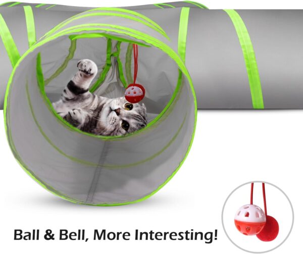Pawaboo Cat Toys, Cat Tunnel Tube 5 Way Tunnels 25x53cm Extensible Collapsible Cat Play Tent Interactive Toy Maze Cat House with Balls and Bells for Cat Kitten Kitty Rabbit Small Animal, Grey+Green - Image 4