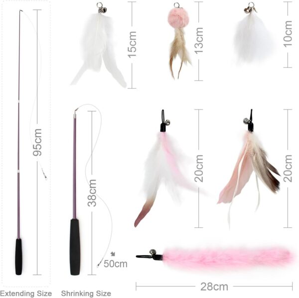 SONGWAY Cat Feather Stick Toy - 7 PCS Cat Feather Toys, 1 Cat Teaser Wand with 6 Feather Refills with Bell, Interactive Cat Toy Wand for Indoor Cat and Kitten, Pink - Image 6