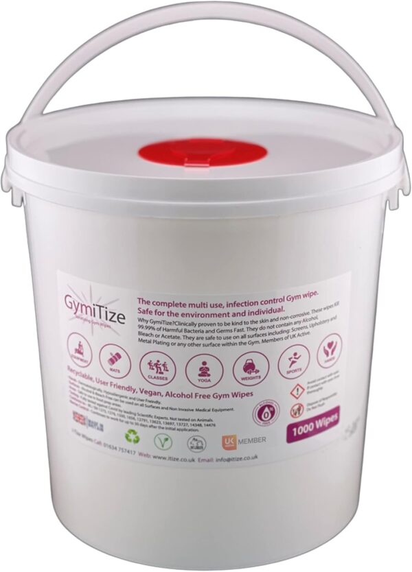 GymiTize Gym Wipes 1000 Wipe Bucket, Alcohol Free, Antibacterial, Antiviral, Made in The UK - Image 2