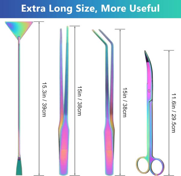 Extra Long Aquarium Aquascape Kits Colorful, 4 in 1 Anti-Rust Aquatic Plant Aquascaping Tool Stainless Steel Tweezers Scissors Spatula for Aquarium Tank Clean Fish Tank Aquascape Tools Sets - Image 2