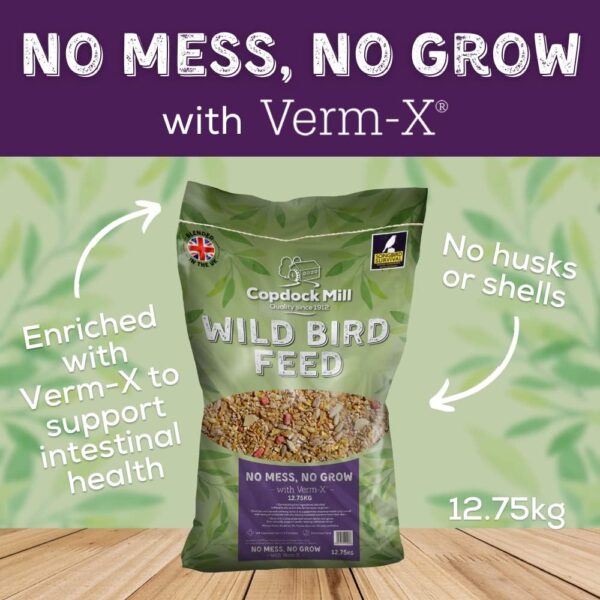 Copdock Mill No Grow, No Mess Wild Bird Seed with Verm-X 12.75kg – No Grow Bird Seed with Added Natural Supplements for Healthy Wild Birds – Includes Peanuts, Sunflowers, Wheat, Maize and Verm-X - Image 2
