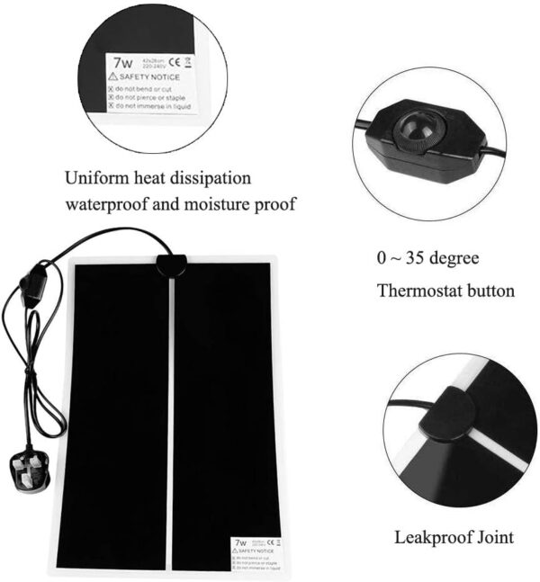 NEKOSUKI Reptile Heating Mat, 7W 11x5.9 inch Waterproof Reptile Heat Pad Under Tank Terrarium with Temperature Control, Safety Adjustable Reptile Heat Mat for Turtle, Tortoise, Snakes, Lizard, Gecko - Image 3
