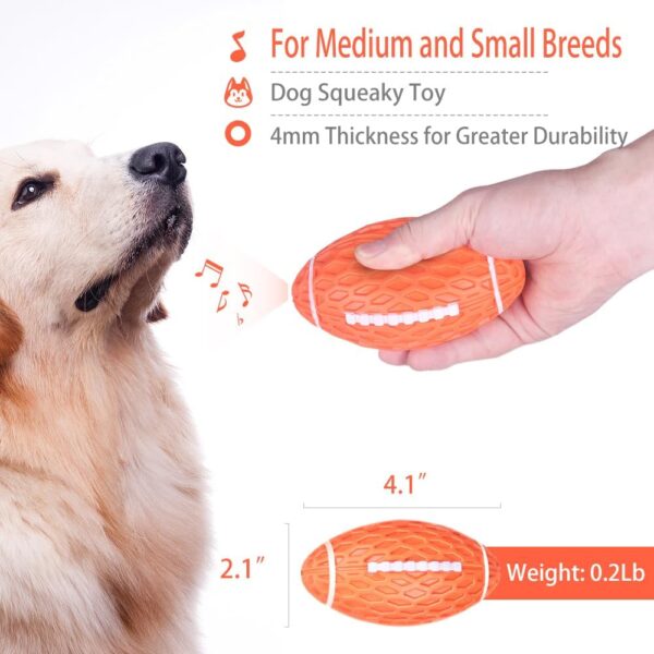 AUSCAT 2Pcs Chew Squeaky Toy Balls, Indestructible Dog Ball for Small Dogs, Rugby Shape Rubber Chew Ball with Squeaker, Interactive Dog Ball for Outdoor Play, Green and Orange - Image 2