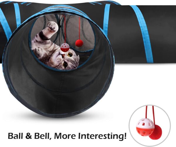 Pawaboo Cat Toys, Cat Tunnel Tube 5 Way Tunnels 25x53cm Extensible Collapsible Cat Play Tent Interactive Toy Maze Cat House with Balls and Bells for Cat Kitten Kitty Rabbit Small Animal, Blue - Image 4