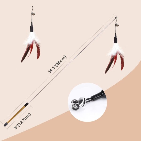 Pawaboo Feather Teaser Cat Toy, Interactive Feather Wand Cat Toy Flying Feather Cat Catcher with Extra Long 34.5" Wand and Small Bell, Exerciser Playing Toy for kitten or cat, Wine Red & White Feather - Image 5