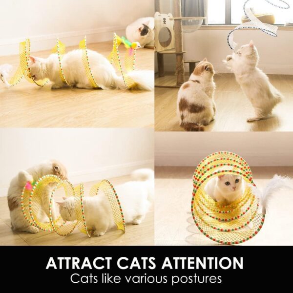 Folded Cat Tunnels for Indoor Cats, Upgrade Large Collapsible Cat Tube Tunnel with Feather Mouse Toys, Cat Tent Play Tunnel with Interactive Toy for Kitten and Cats, Exercise Cat Springs (Yellow) - Image 6