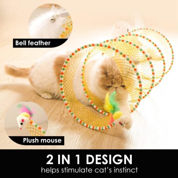 Folded Cat Tunnels for Indoor Cats, Upgrade Large Collapsible Cat Tube Tunnel with Feather Mouse Toys, Cat Tent Play Tunnel with Interactive Toy for Kitten and Cats, Exercise Cat Springs (Yellow) - Image 3