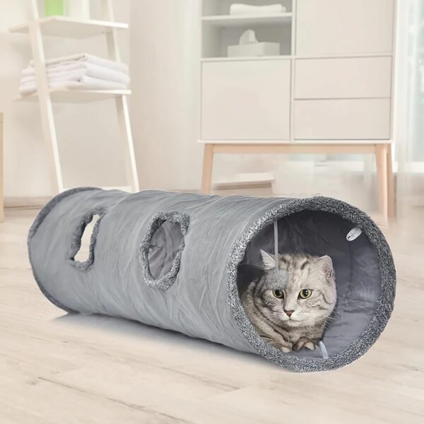 LeerKing Large Cat Tunnel 51"(L) Dia 12" Collapsible Extra Long Cat Play Tunnel Indoor Outdoor Suede Crinkle Cat Tube Tunnel Toy with Ball and Peek Hole for Kittens Rabbits Puppy, L, Grey - Image 6