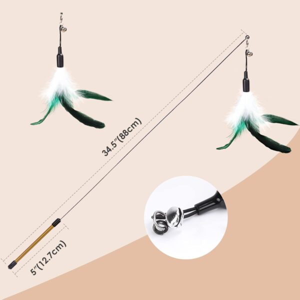 Pawaboo Feather Teaser Cat Toy, Interactive Feather Wand Cat Toy Flying Feather Cat Catcher with Extra Long 34.5" Wand and Small Bell, Fun Exerciser Playing Toy for kitten or cat, White & Green - Image 5