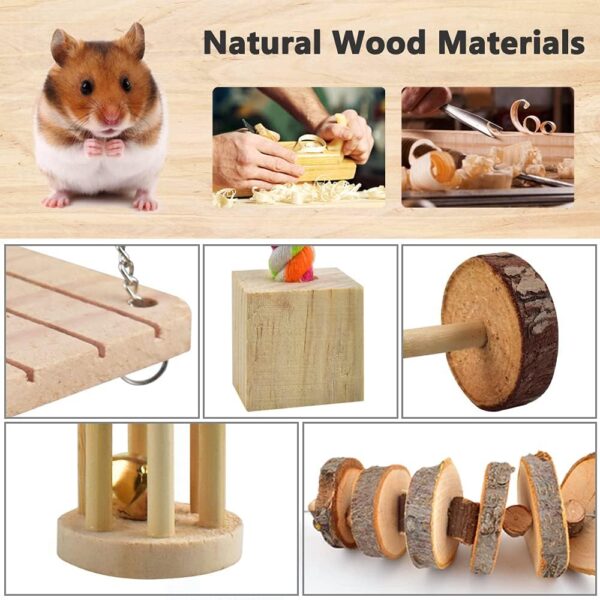 ERKOON Hamster Chew Toys 12 Pack Gerbil Rat Guinea Pig Chinchilla Toys Accessories, Natural Wooden Dumbbells Exercise Bell Roller Teeth Care Molar Toy for Hamster Rabbits Parrot Syrian - Image 2