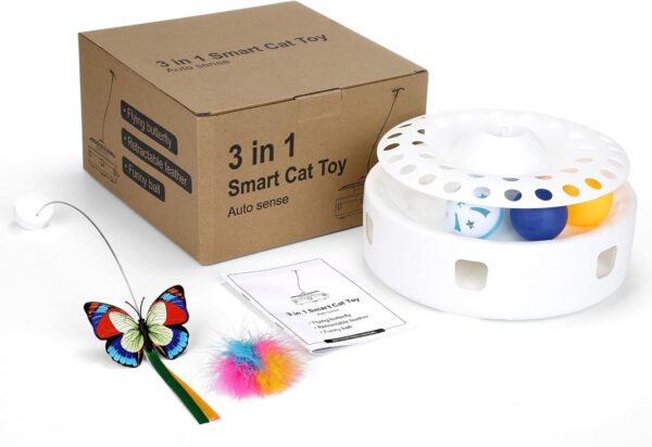 PETTOM 3 in 1 Interactive Cat Toy for Indoor Automatic Cat Teaser Toy, Electronic Auto Random Ambush Feather &Rotating Floating Butterfly& 3 Ball Exercise with Cat Toys(White) - Image 8